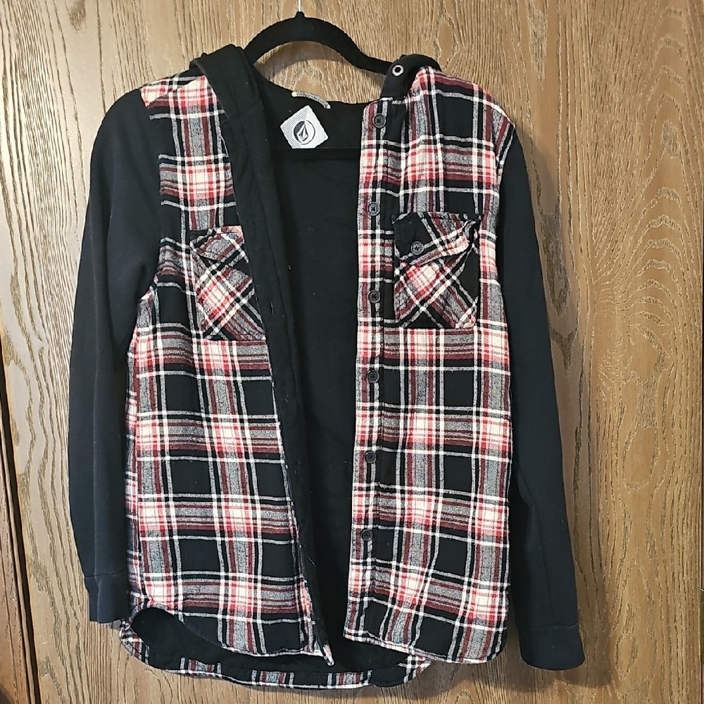 Plaid Button-Up Shirt with Black Sleeves